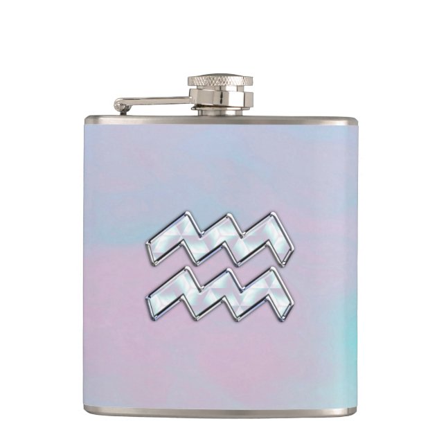 Aquarius Zodiac Symbol on Mother of Pearl Decor Hip Flask (Front)