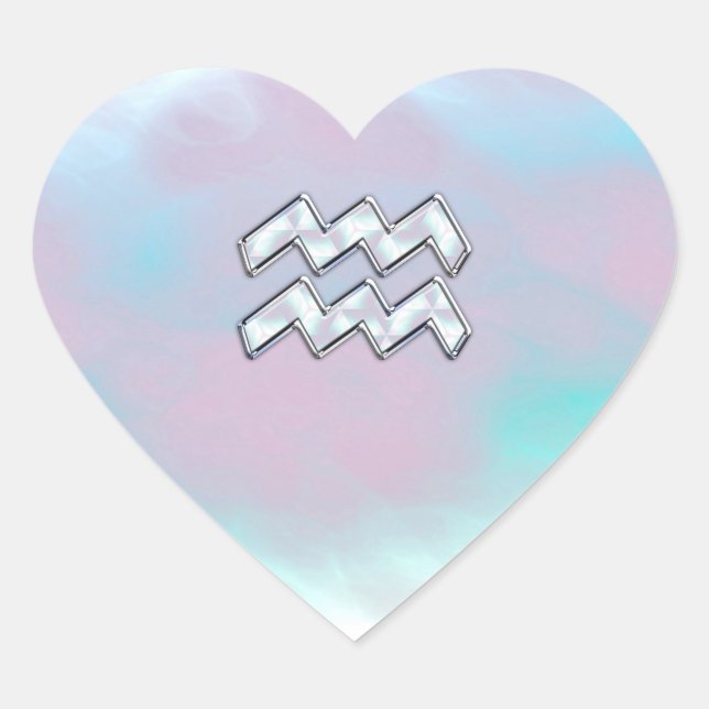 Aquarius Zodiac Symbol on Mother of Pearl Nacre Heart Sticker (Front)