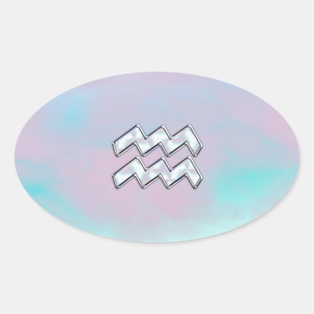 Aquarius Zodiac Symbol on Mother of Pearl Nacre Oval Sticker (Front)