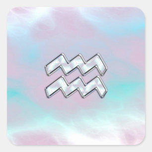 Aquarius Zodiac Symbol on Mother of Pearl Nacre Square Sticker