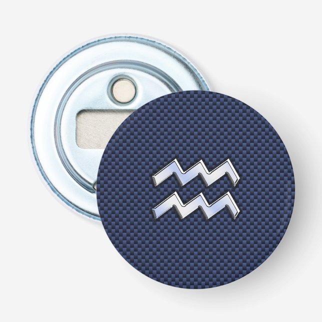 Aquarius Zodiac Symbol on Navy Blue Carbon Fibre Bottle Opener (Front)
