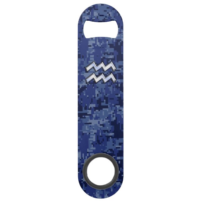 Aquarius Zodiac Symbol on navy blue digital camo (Front)