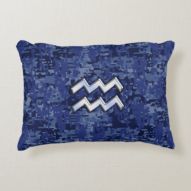 Aquarius Zodiac Symbol on navy blue digital camo Decorative Cushion (Front)