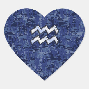 Aquarius Zodiac Symbol on navy blue digital camo Heart Sticker