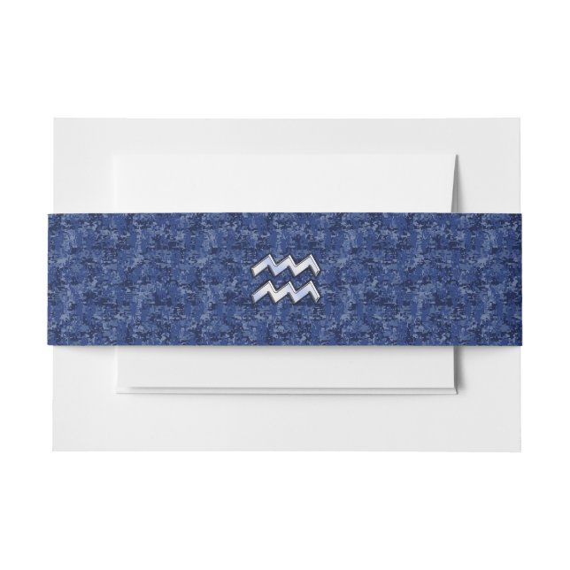 Aquarius Zodiac Symbol on navy blue digital camo Invitation Belly Band (Front Example)