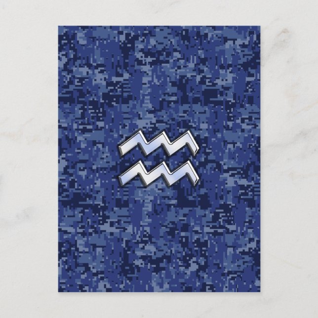 Aquarius Zodiac Symbol on navy blue digital camo Postcard (Front)