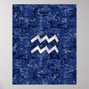 Aquarius Zodiac Symbol on navy blue digital camo Poster