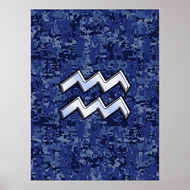 Aquarius Zodiac Symbol on Navy Digital Camouflage Poster (Front)