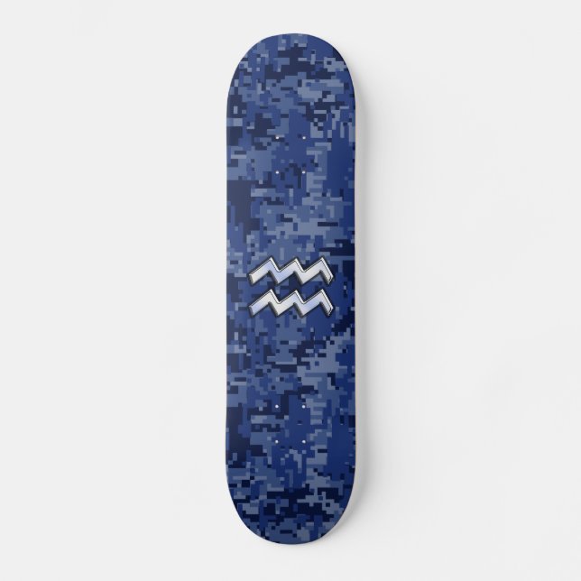 Aquarius Zodiac Symbol on Navy Digital Camouflage Skateboard (Front)