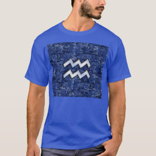 Aquarius Zodiac Symbol on Navy Digital Camouflage T-Shirt