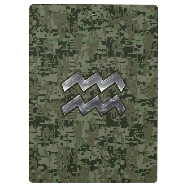 Aquarius Zodiac Symbol on olive green digital camo Clipboard (Back)