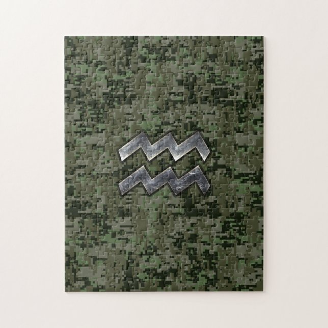 Aquarius Zodiac Symbol on olive green digital camo Jigsaw Puzzle (Vertical)