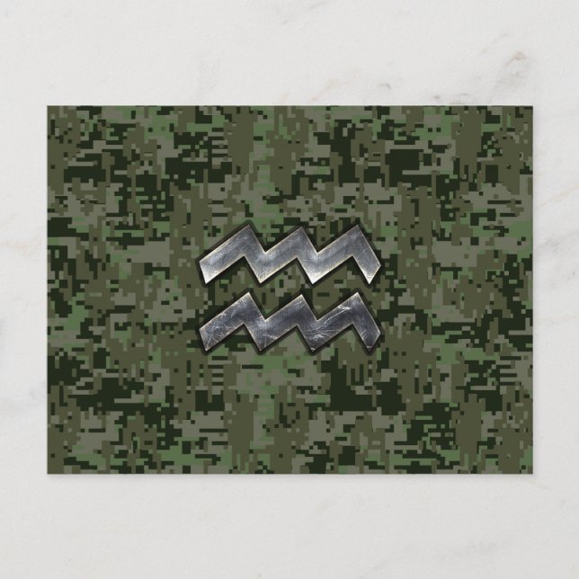 Aquarius Zodiac Symbol on olive green digital camo Postcard (Front)