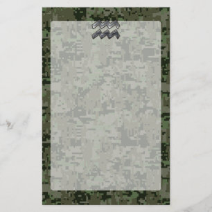 Aquarius Zodiac Symbol on olive green digital camo Stationery