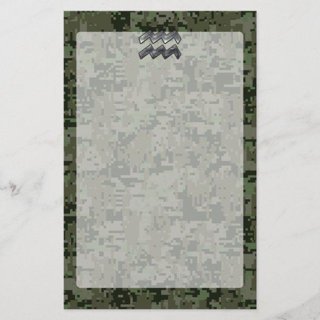 Aquarius Zodiac Symbol on olive green digital camo Stationery (Front)