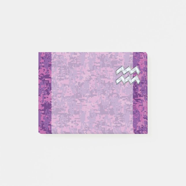 Aquarius Zodiac Symbol on Pink Digital Camouflage Post-it Notes (Front)