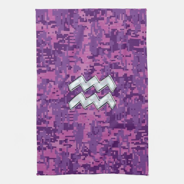 Aquarius Zodiac Symbol on Pink Digital Camouflage Tea Towel (Vertical)