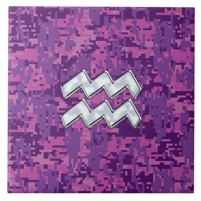 Aquarius Zodiac Symbol on Pink Digital Camouflage Tile (Front)