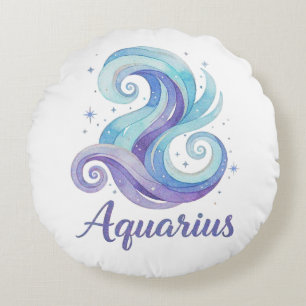 Aquarius Zodiac Watercolor Celestial Stars Jan Feb Round Cushion