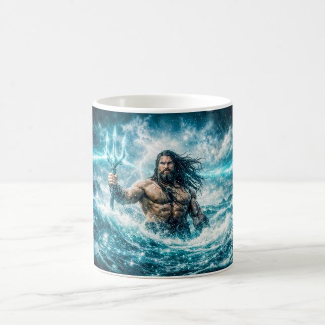 Aquarius Zodiac with Trident Warrior in Stormy Oce Coffee Mug (Center)
