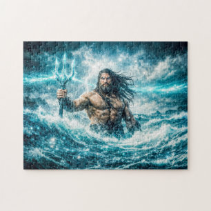 Aquarius Zodiac with Trident Warrior in Stormy Oce Jigsaw Puzzle