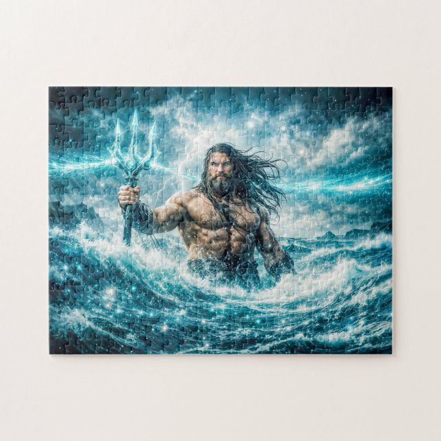 Aquarius Zodiac with Trident Warrior in Stormy Oce Jigsaw Puzzle (Horizontal)