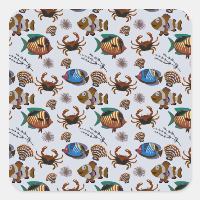 Aquatic animals pattern | ocean underwater life 14 square sticker (Front)