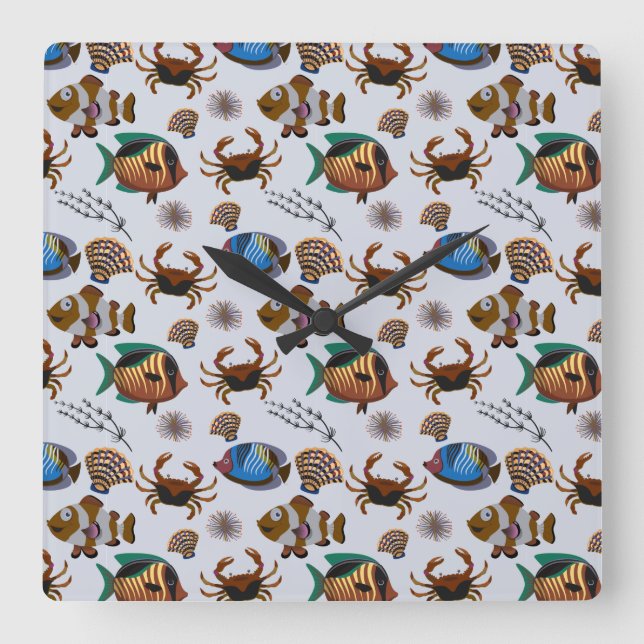 Aquatic animals pattern | ocean underwater life 14 square wall clock (Front)