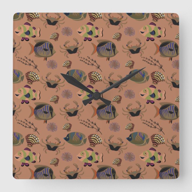 Aquatic animals pattern | ocean underwater life 15 square wall clock (Front)
