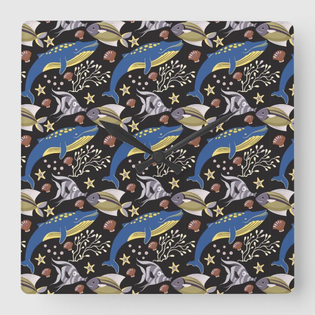 Aquatic animals pattern | ocean underwater life 17 square wall clock (Front)