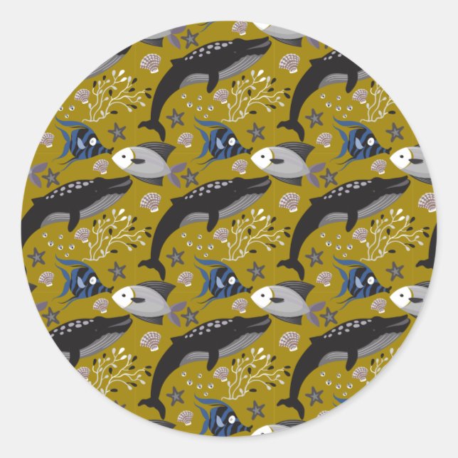 Aquatic animals pattern | ocean underwater life 18 classic round sticker (Front)