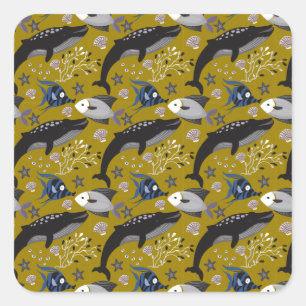 Aquatic animals pattern   ocean underwater life 18 square sticker