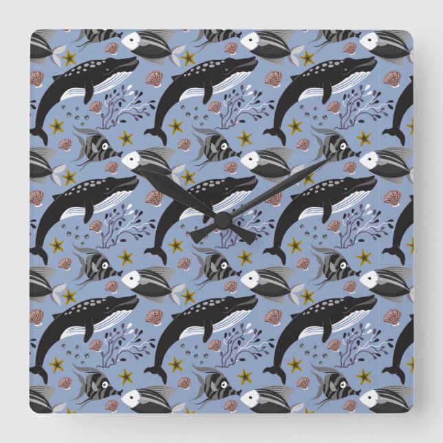Aquatic animals pattern | ocean underwater life 19 square wall clock (Front)