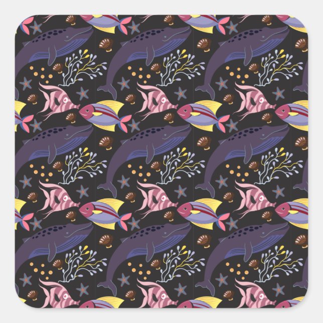 Aquatic animals pattern | ocean underwater life 21 square sticker (Front)