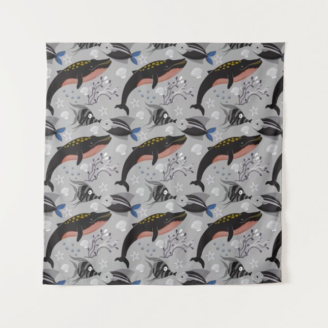 Aquatic animals pattern | ocean underwater life 23 tapestry (Front)