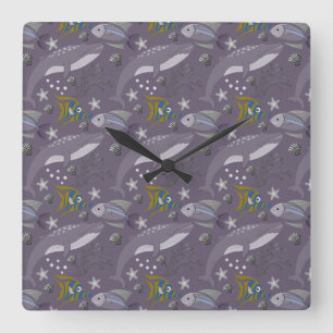 Aquatic animals pattern   ocean underwater life 24 square wall clock
