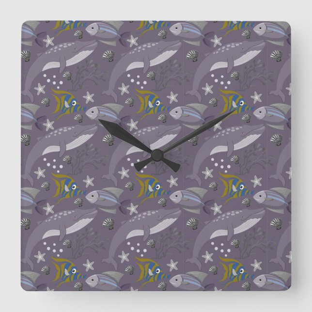 Aquatic animals pattern | ocean underwater life 24 square wall clock (Front)