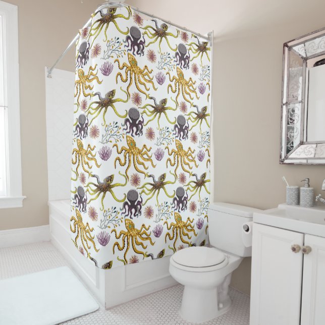 Aquatic animals pattern | ocean underwater life 26 shower curtain (In Situ)