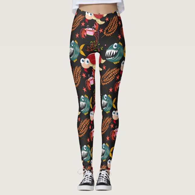 Aquatic animals pattern | ocean underwater life 30 leggings (Front)