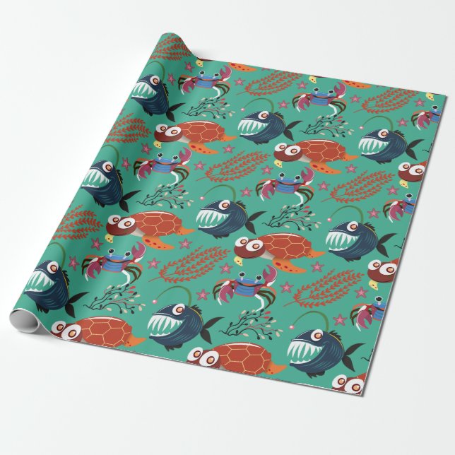 Aquatic animals pattern | ocean underwater life 33 wrapping paper (Unrolled)
