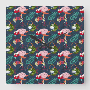 Aquatic animals pattern   ocean underwater life 34 square wall clock
