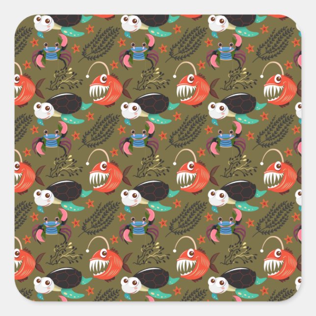 Aquatic animals pattern | ocean underwater life 36 square sticker (Front)