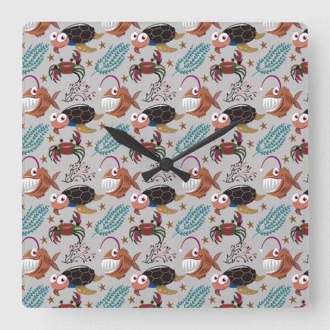 Aquatic animals pattern | ocean underwater life 37 square wall clock (Front)