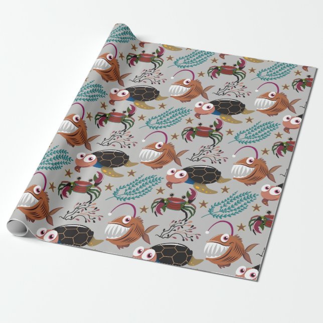 Aquatic animals pattern | ocean underwater life 37 wrapping paper (Unrolled)
