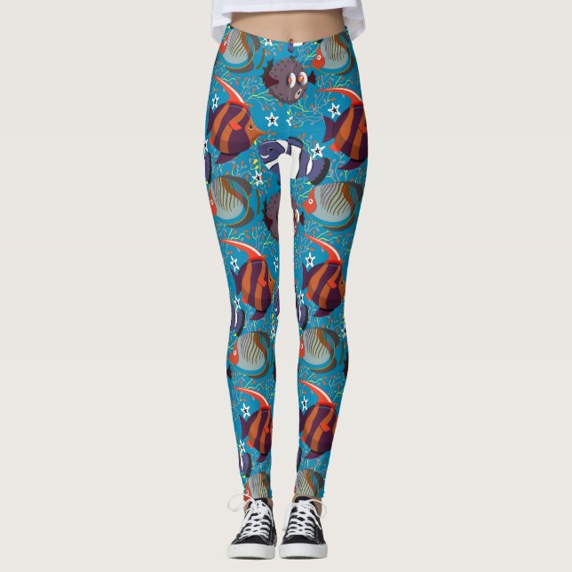 Aquatic animals pattern | ocean underwater life 45 leggings (Front)