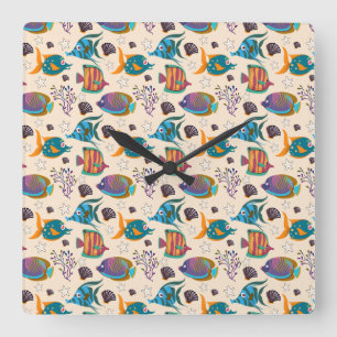 Aquatic animals pattern ocean underwater life 5 square wall clock