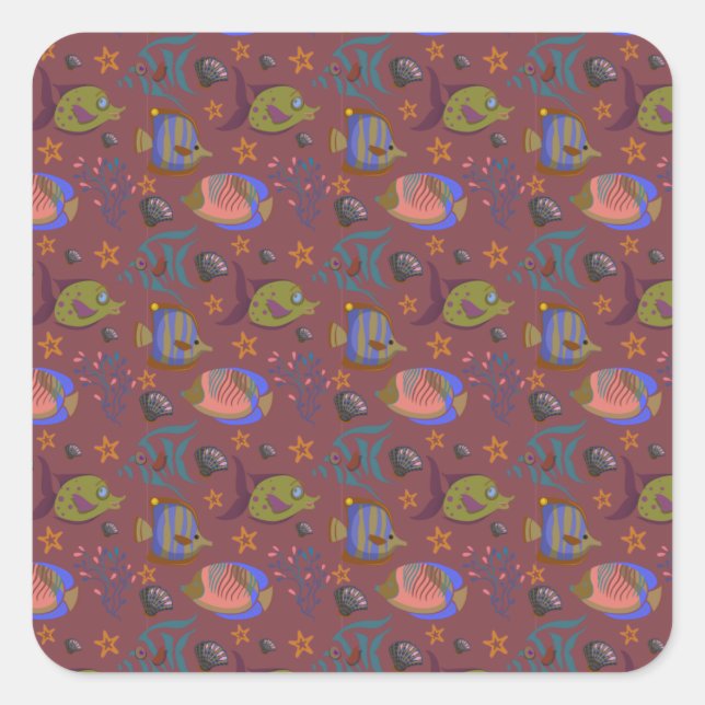 Aquatic animals pattern | ocean underwater life 9 square sticker (Front)