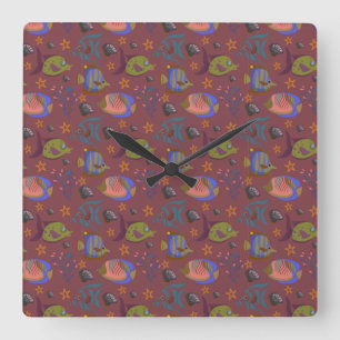 Aquatic animals pattern   ocean underwater life 9 square wall clock