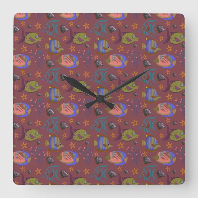 Aquatic animals pattern | ocean underwater life 9 square wall clock (Front)