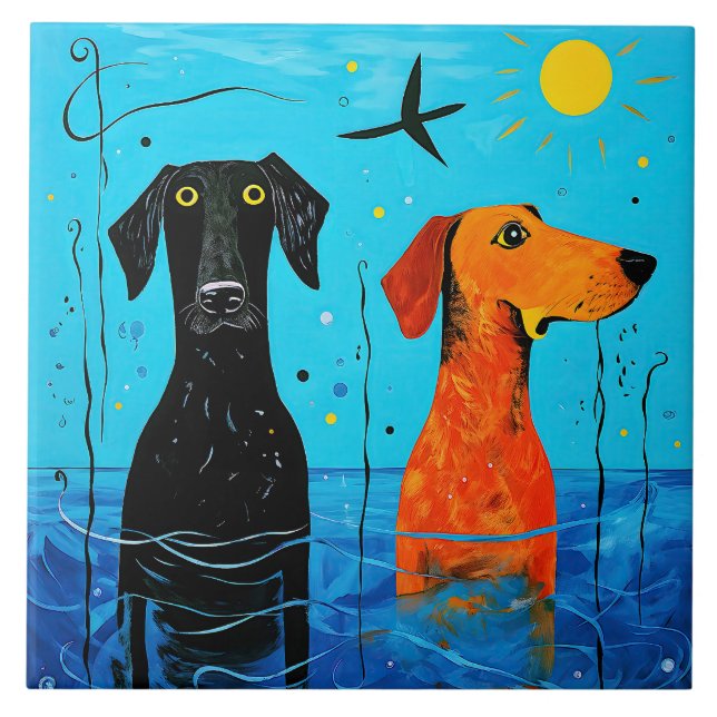 "Aquatic Duo of Joy" -  Surreal Colourful Dogs     Tile (Front)